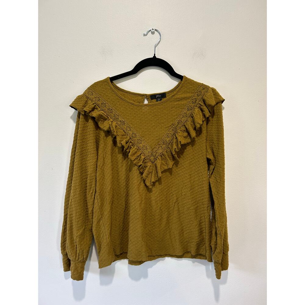J. Crew olive green top size S ruffles button closure boho